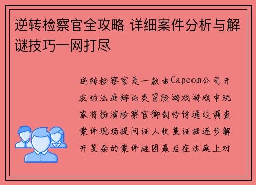 逆转检察官全攻略 详细案件分析与解谜技巧一网打尽 逆转检察官全攻略 详细案件分析与解谜技巧一网打尽
